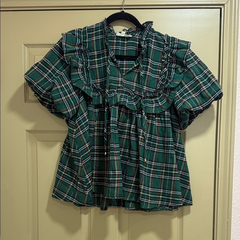 Entro Green Plaid Ruffle Blouse